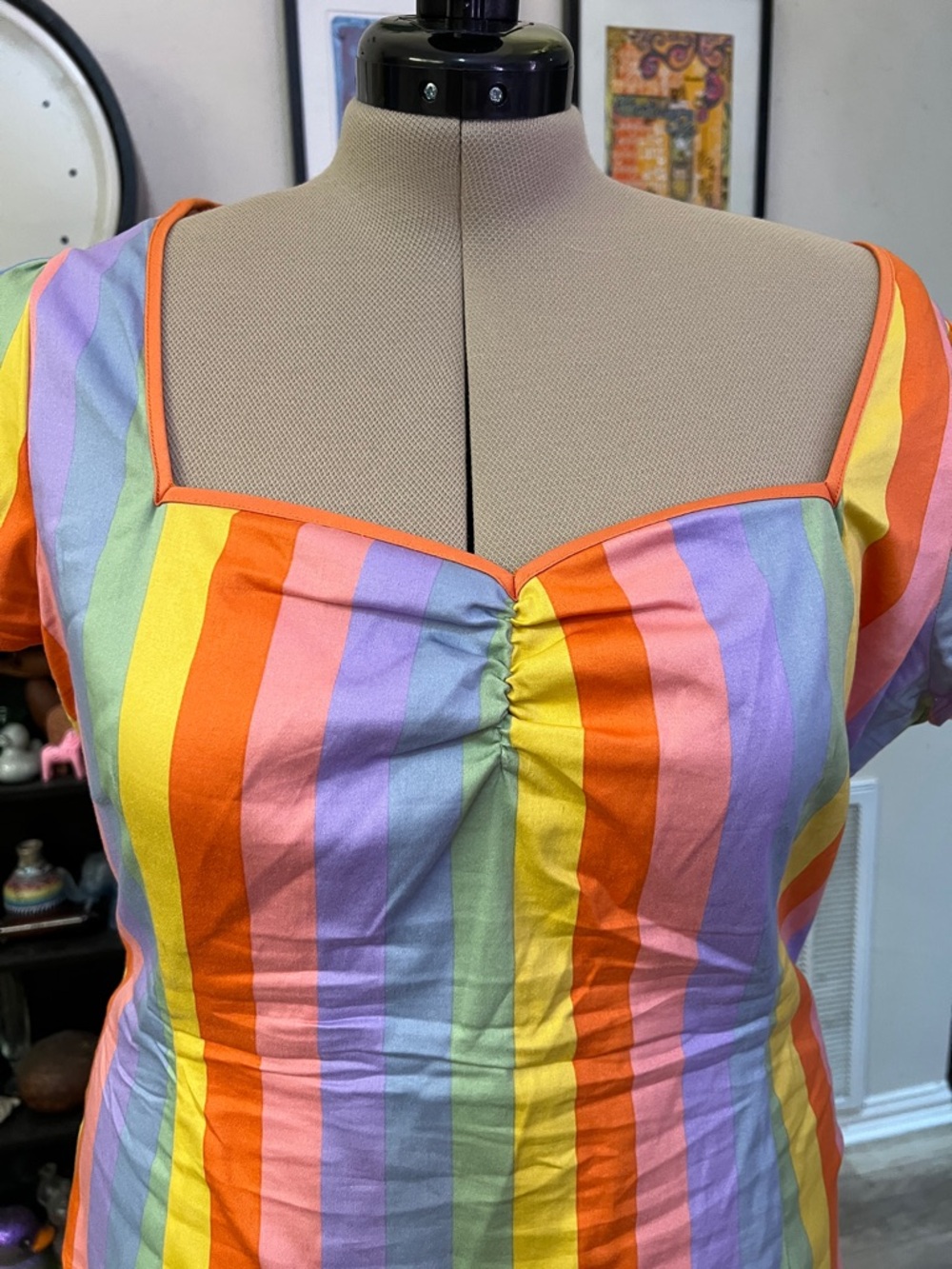 Collectif Rainbow Stripe Sweetheart Blouse in Yellow, Orange, Pink, Purple, Blue - Picture 4 of 7